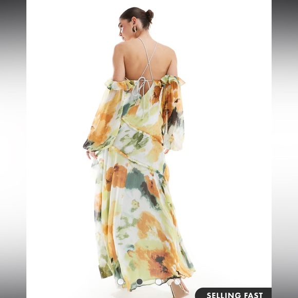 ASOS cross neck cold shoulder maxi dress with ruffles in abstract floral print - Picture 2 of 3